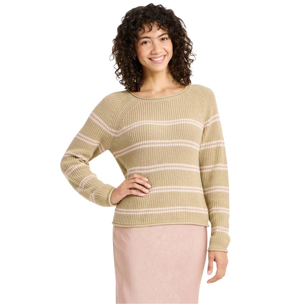A New Day Women's Beige Pink Striped Long Sleeve Pullover Sweater Size Large